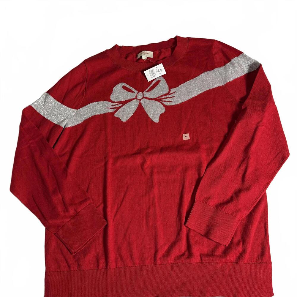 Christmas Holiday‎ Red Sweater with Silver Sparkly Bow LOFT Size XL Cotton Blend